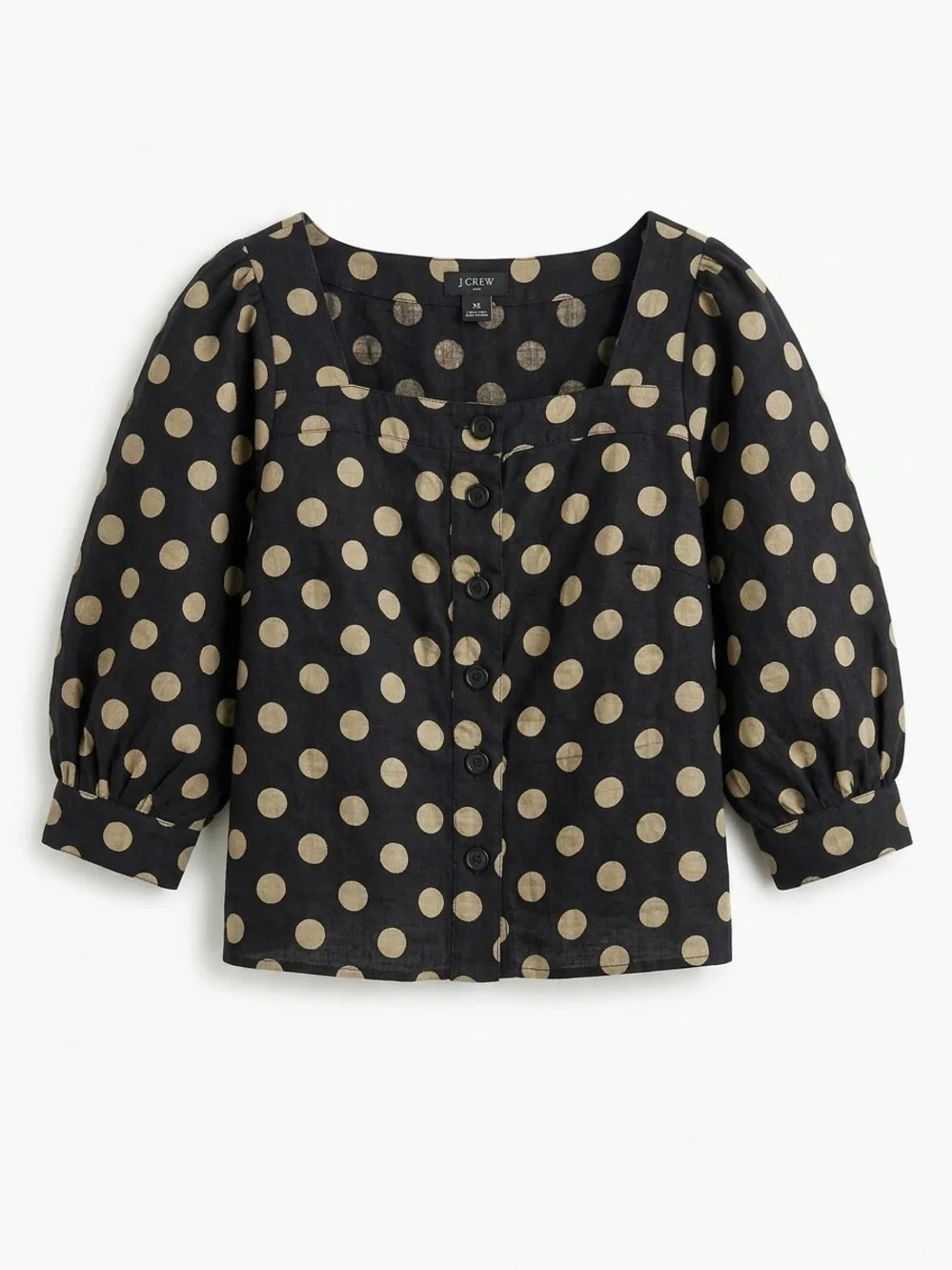 J.Crew Black Tan Polka Dot Square Neck Linen Puff Sleeve Blouse Top XS